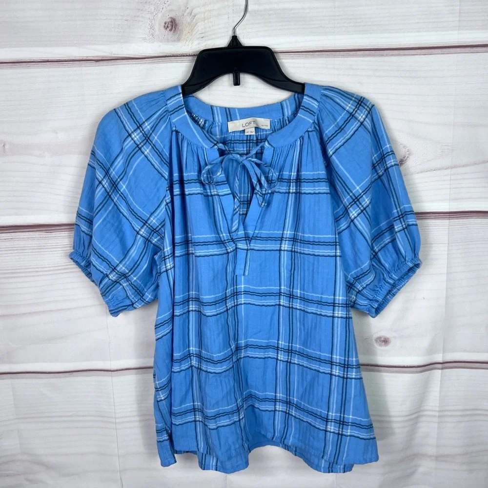 LOFT Top Womens PM Blue‎ Plaid Blouse Puff Sleeve Tie Neck Cotton Pullover Woven
